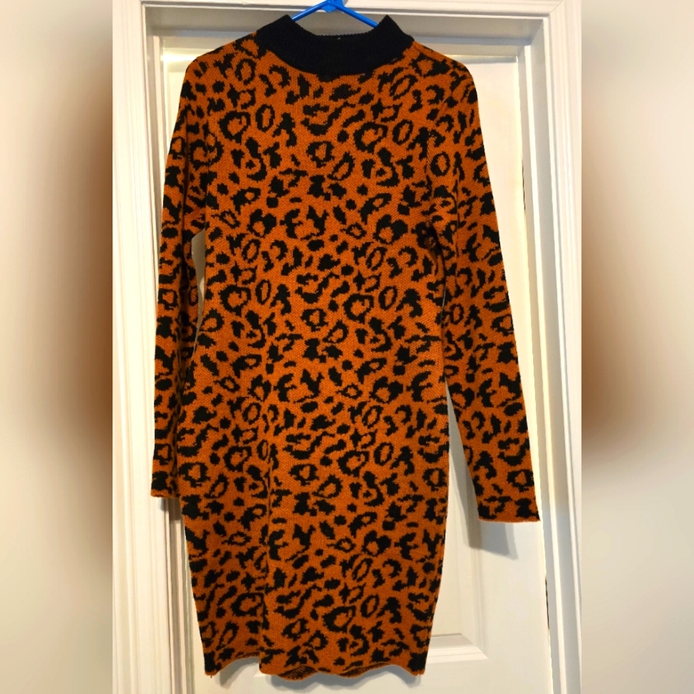 Leopard Print Long Sleeve Sweater Dress